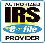 Logo displaying "Authorized IRS e-file Provider" with bold black, blue, and yellow text, indicating authorization to electronically file tax documents with the IRS.