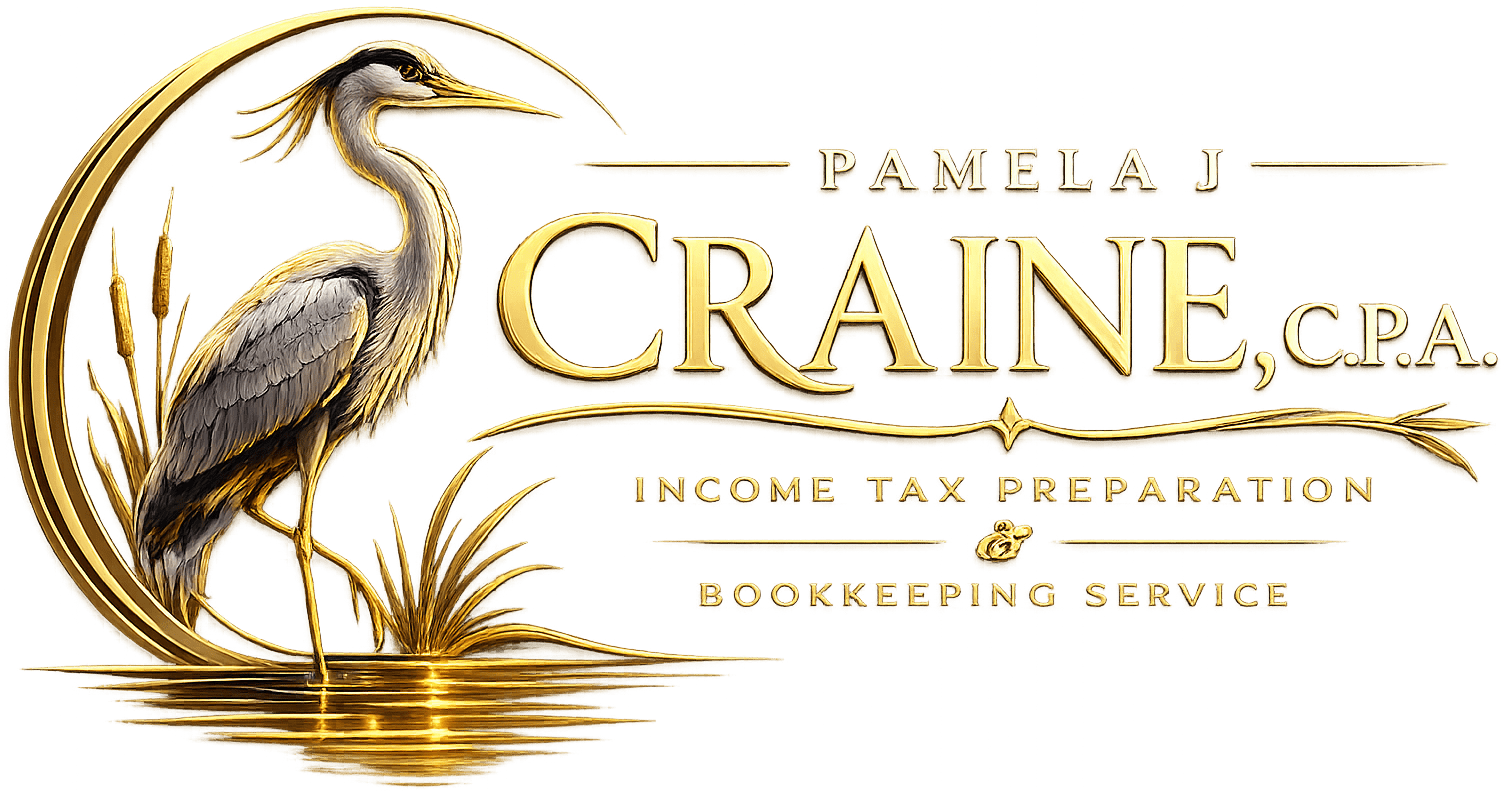 A gold and gray heron stands beside stylized text reading "Pamela J Craine, C.P.A. Income Tax Preparation & Bookkeeping Service.