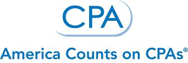 Logo with large blue letters "CPA" above the phrase "America Counts on CPAs" in blue text, with a partial circular graphic element to the right of "CPA.